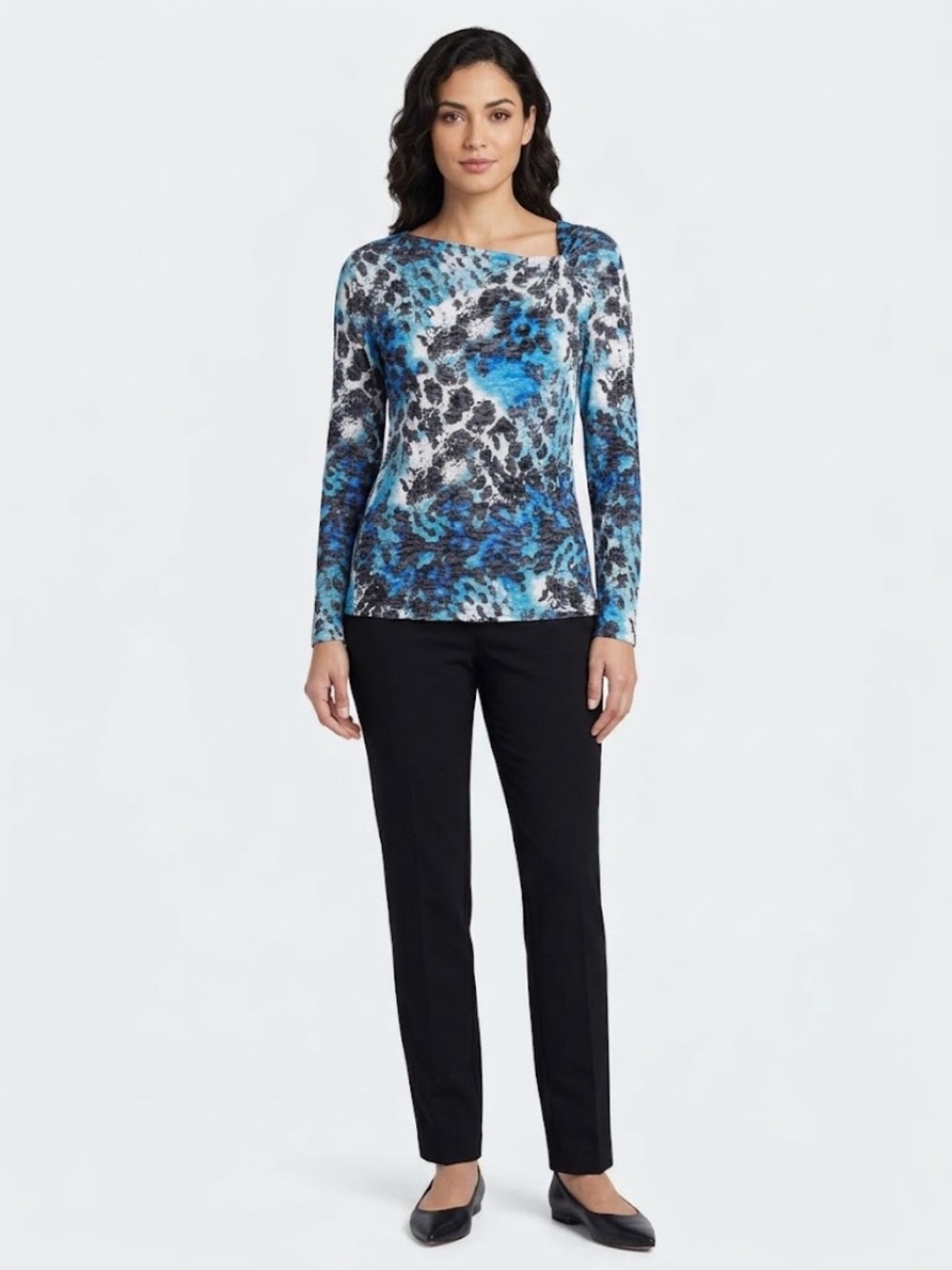 Long Sleeve Printed Blue & Black Women's Top Cottony Stretchy Lightweight